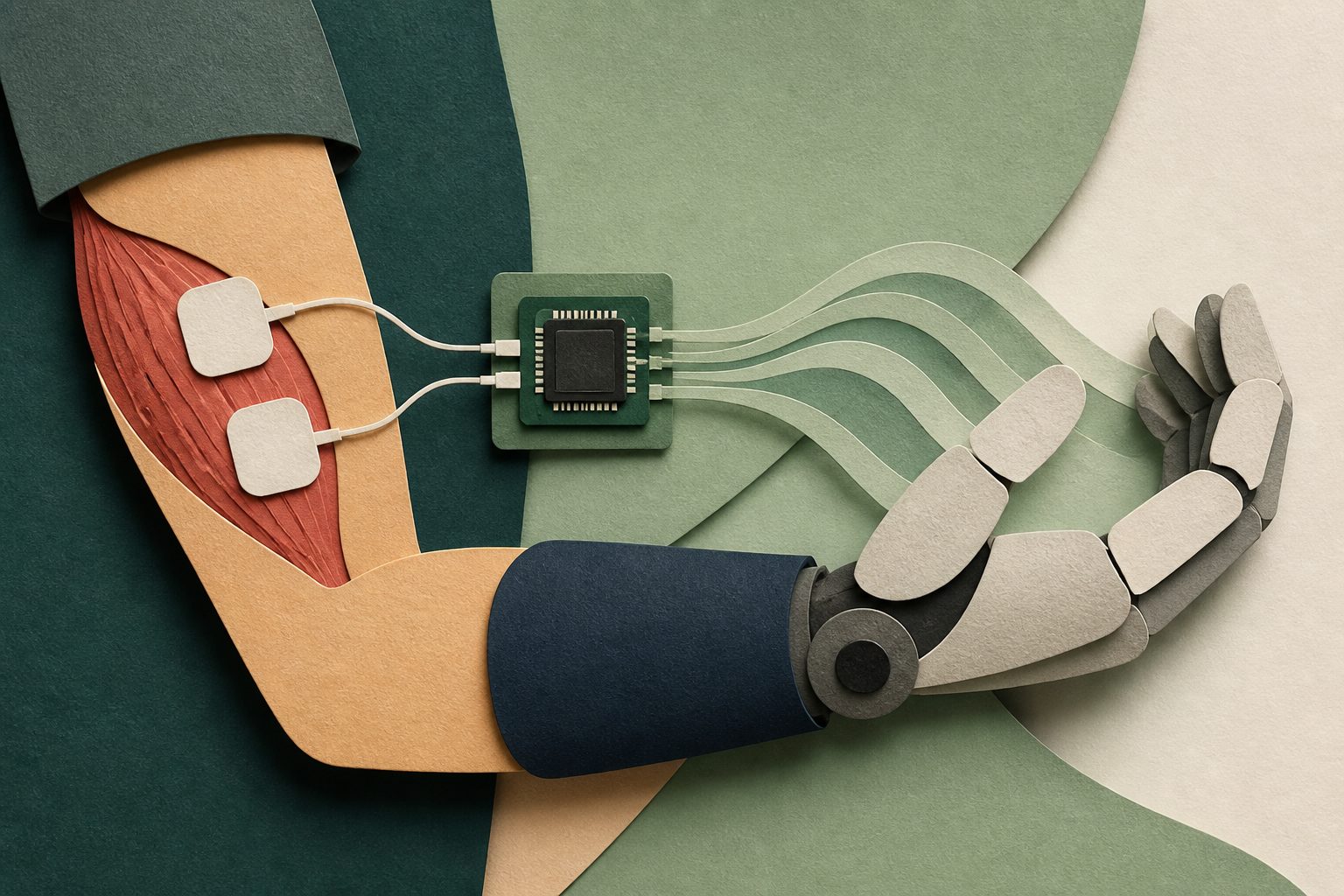 Abstract editorial illustration accompanying the article: Low-power chips decode muscle signals in real time for prosthetics