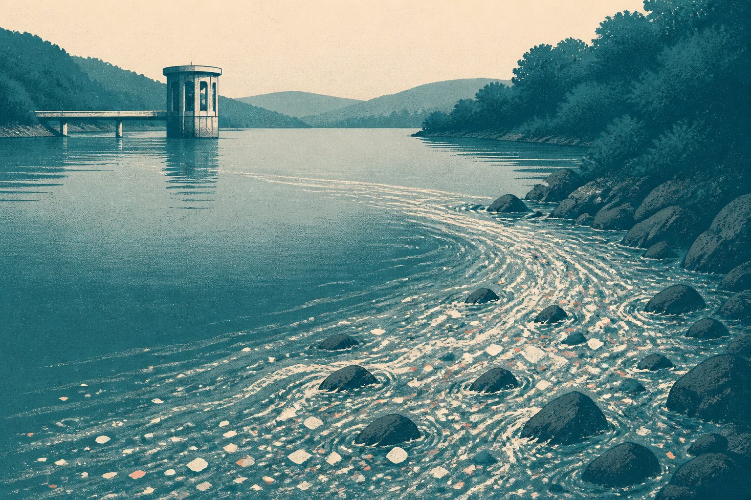 Abstract editorial illustration accompanying the article: Microplastics spread through a Brazilian drinking-water reservoir and built up downstream