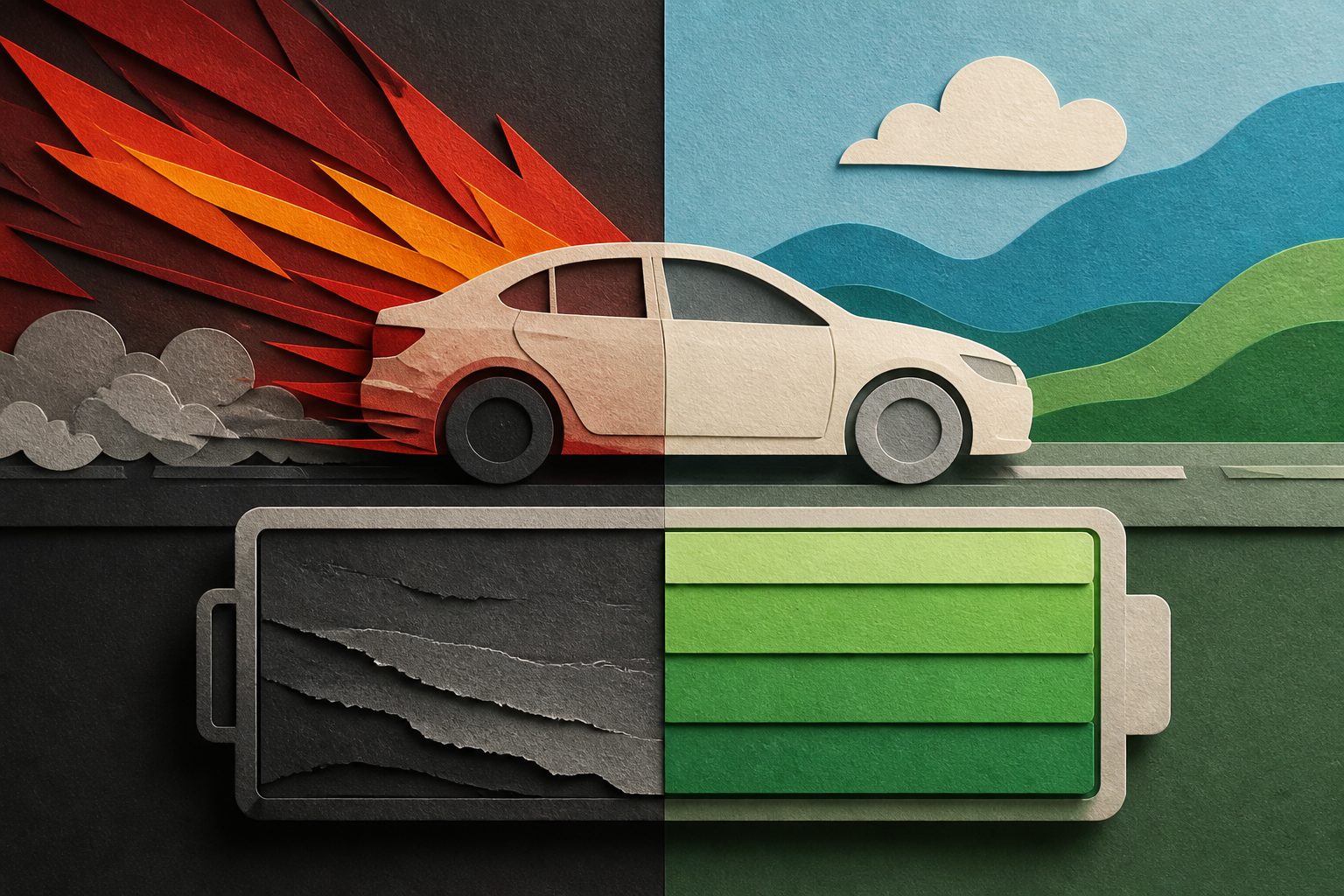 Abstract editorial illustration accompanying the article: Aggressive driving linked to more than twice the battery fade in electric cars