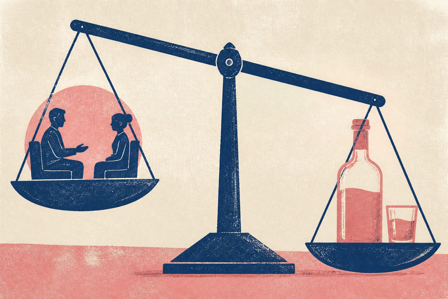 Abstract editorial illustration accompanying the article: Review finds too little evidence that programs reduce alcohol use in people with cancer