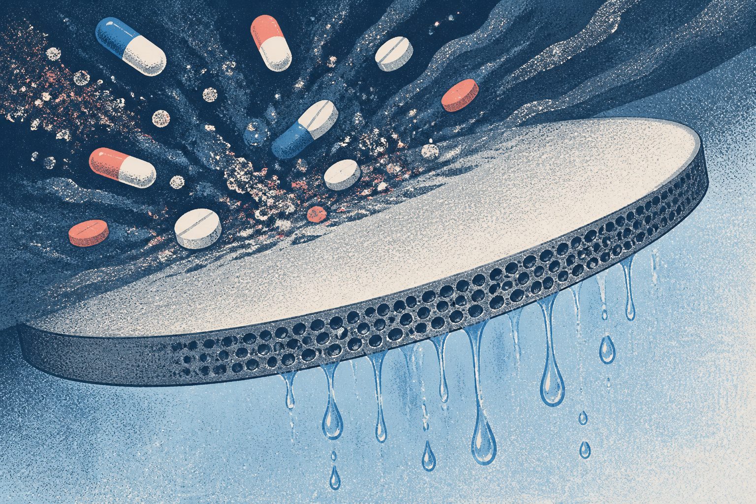Abstract editorial illustration accompanying the article: A coated titanium membrane rejected up to 96.9% of several antibiotics