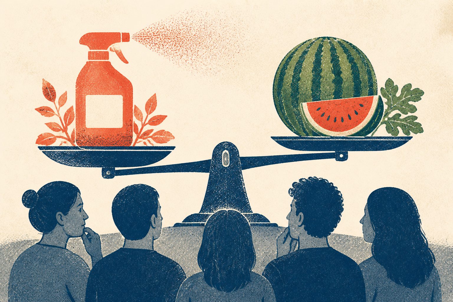 Abstract editorial illustration accompanying the article: European consumers see conventional pesticides as riskier than gene-edited watermelons