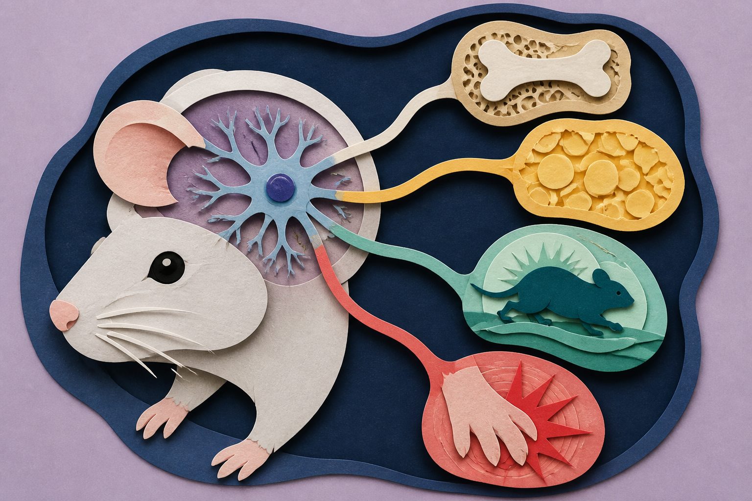 Abstract editorial illustration accompanying the article: In nursing mice, brain cells link bone, fat, energy use and pain sensitivity