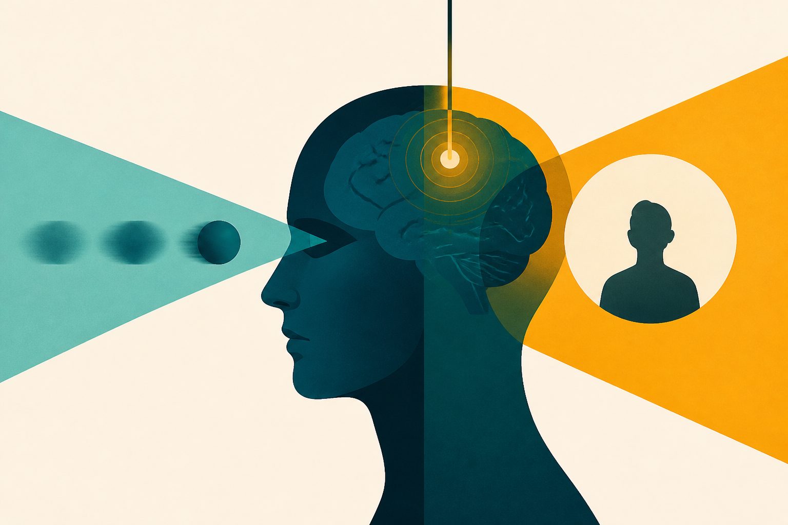 Abstract editorial illustration accompanying the article: Brain stimulation separated seeing motion accurately from feeling confident