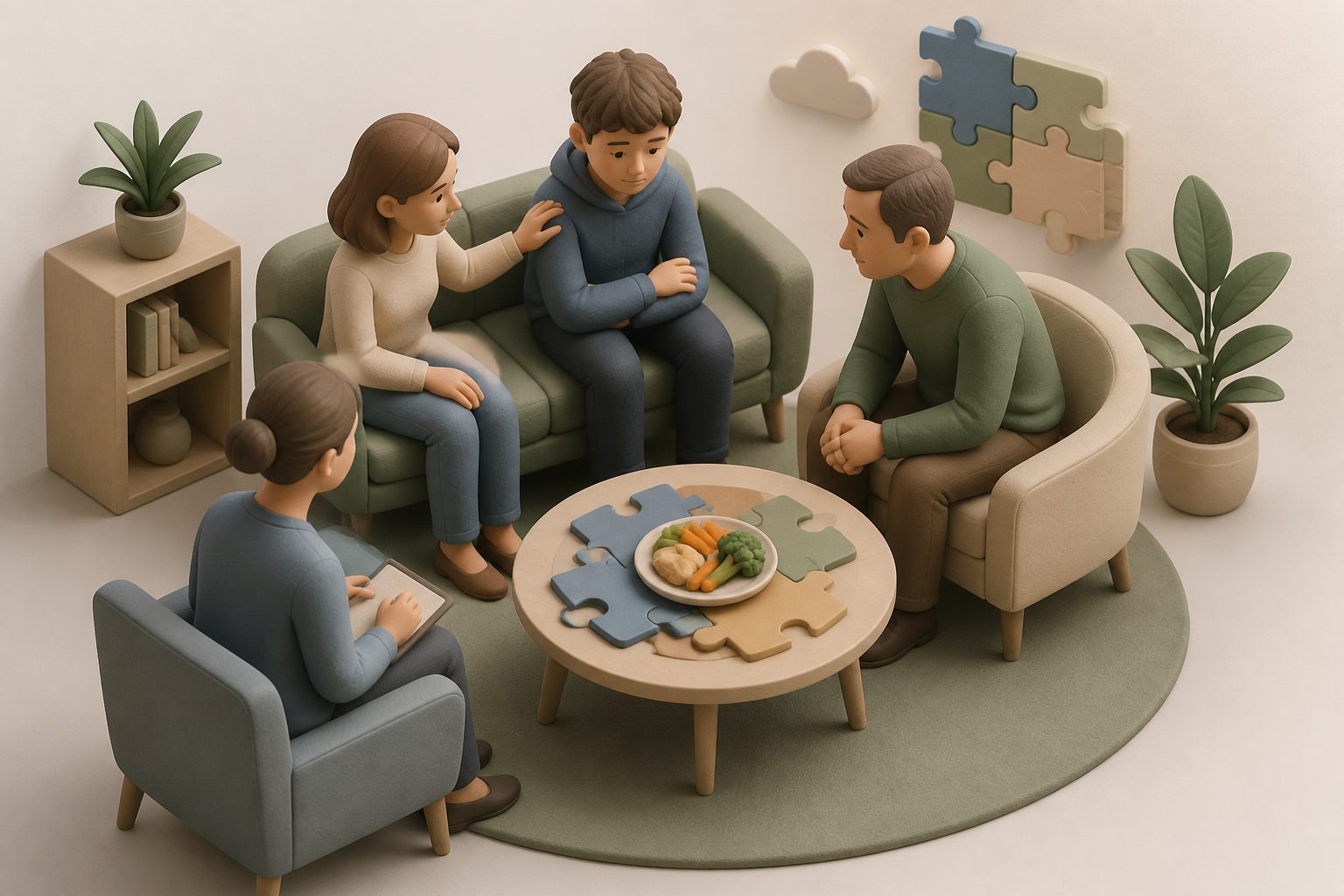 Abstract editorial illustration accompanying the article: Review examines family therapy for eating disorders in autistic young people