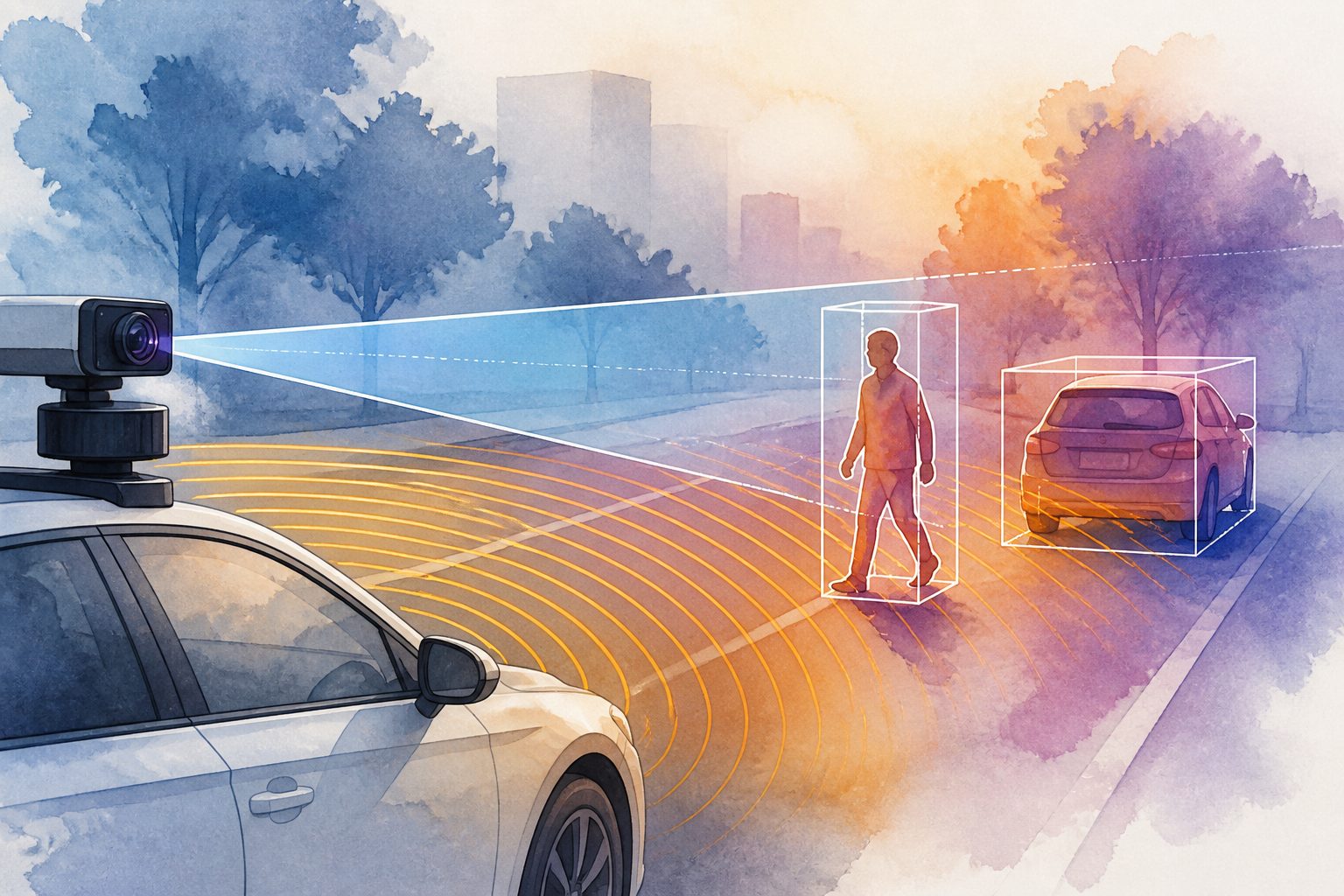 Abstract editorial illustration accompanying the article: Pairing cameras with radar improves 3D object detection for self-driving cars
