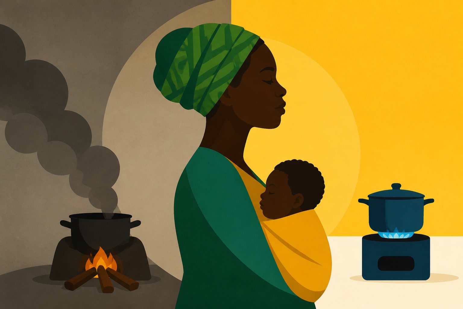 Abstract editorial illustration accompanying the article: Clean cooking could prevent infant deaths and cut disease burden in Africa