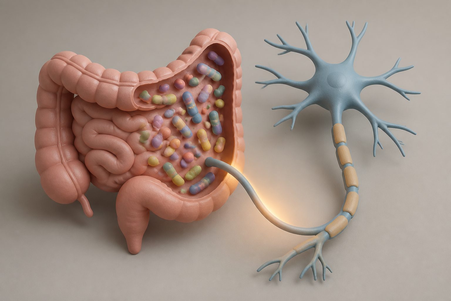 Abstract editorial illustration accompanying the article: Review finds a possible link between gut bacteria changes and nerve problems