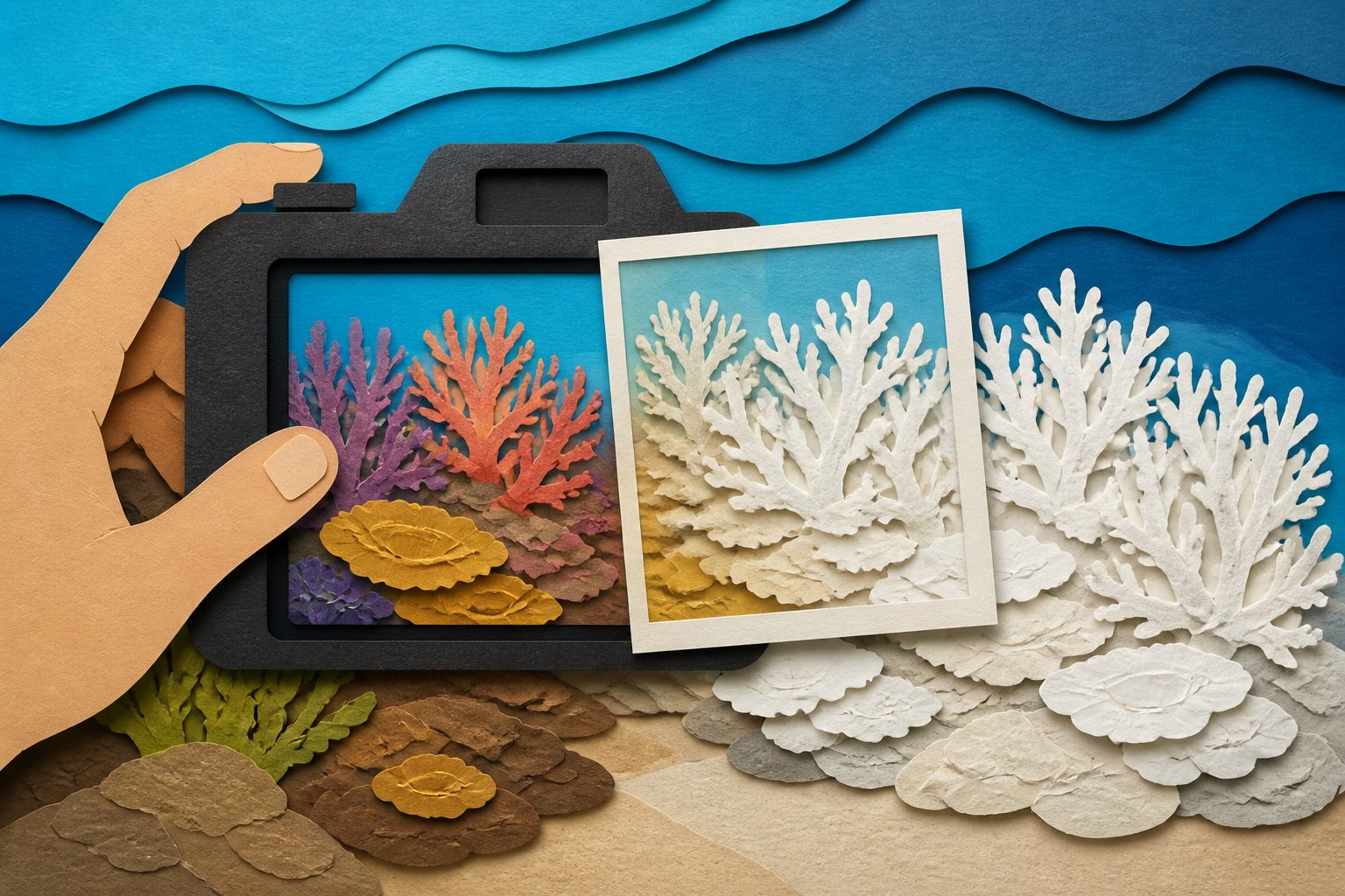 Abstract editorial illustration accompanying the article: Ordinary photos can help measure how severely corals bleach