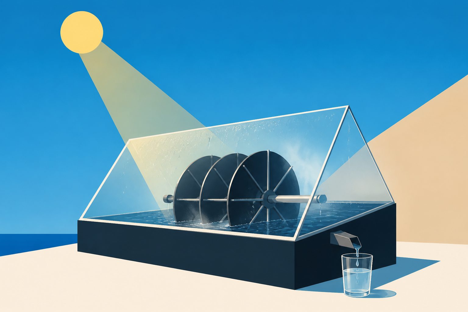 Abstract editorial illustration accompanying the article: Rotating discs helped a solar still make desalinated water for under 11 cents a liter