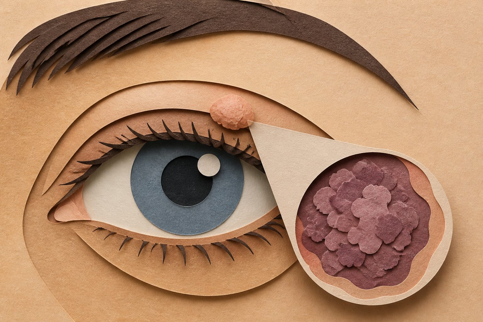 Abstract editorial illustration accompanying the article: Review finds eyelid tumors that spread often resembled harmless growths