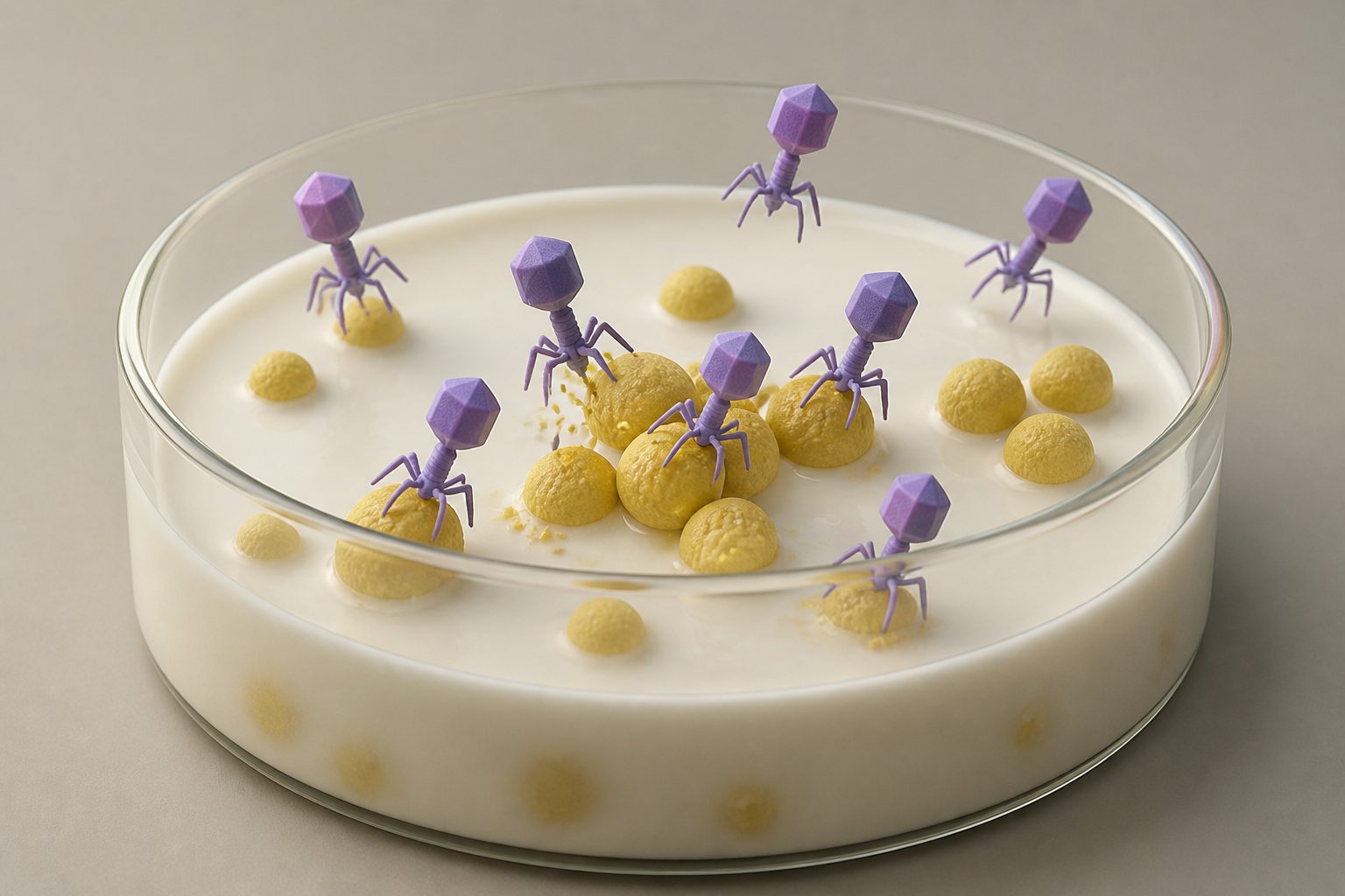 Abstract editorial illustration accompanying the article: Bacteria-killing viruses cut Staphylococcus aureus in milk and blocked a toxin test
