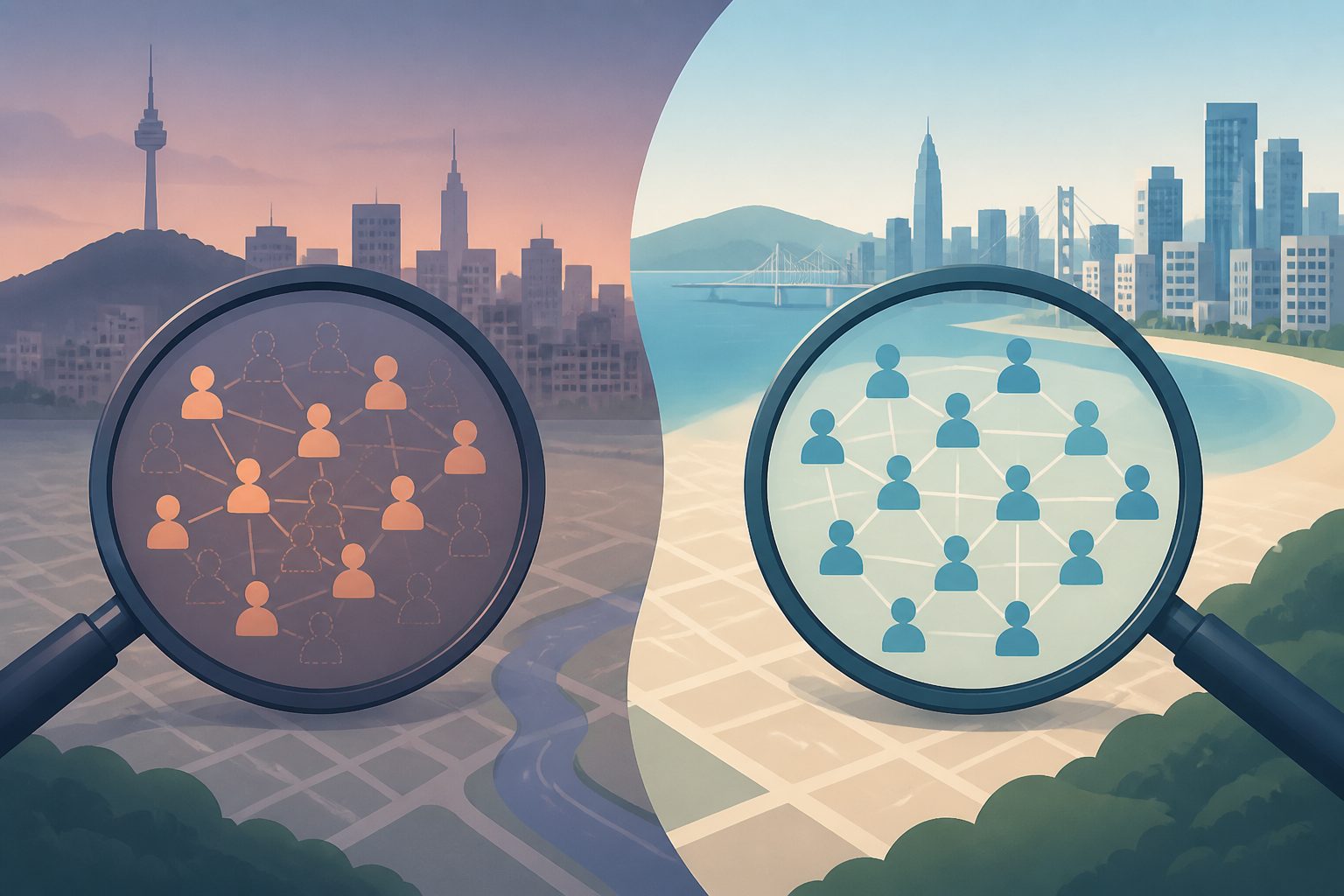 Abstract editorial illustration accompanying the article: Contact tracing faltered sooner in Seoul than Busan when cases went untraced