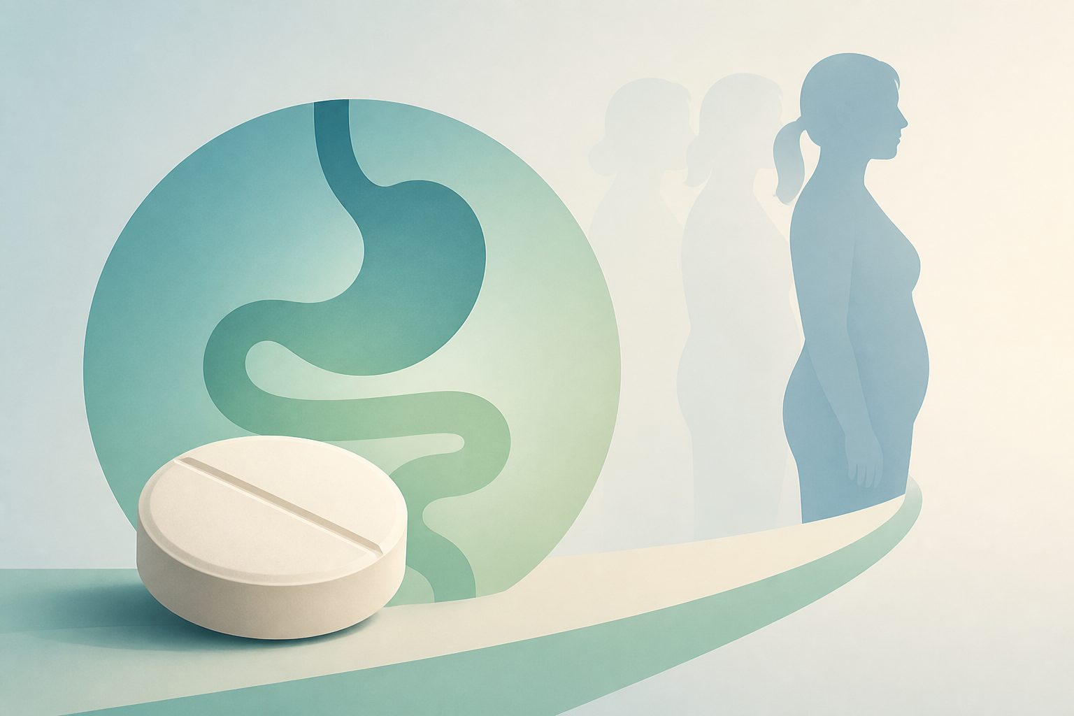 Abstract editorial illustration accompanying the article: Trial reports weight loss with a daily oral GLP-1 medicine over 16 weeks