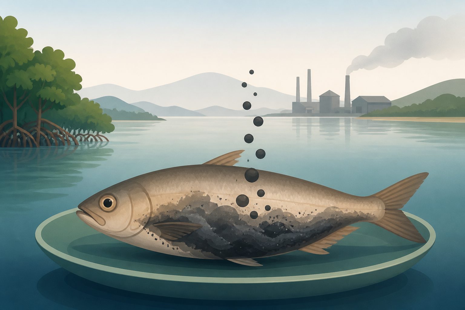 Abstract editorial illustration accompanying the article: Some seafood from Brazil’s Sepetiba Bay exceeded arsenic reference levels