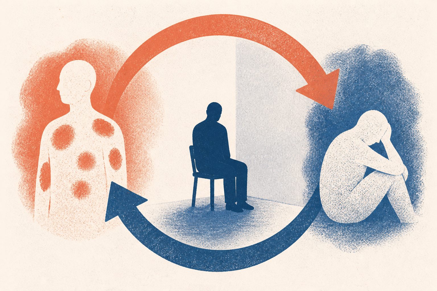 Abstract editorial illustration accompanying the article: Study links loneliness and multiple physical conditions in both directions