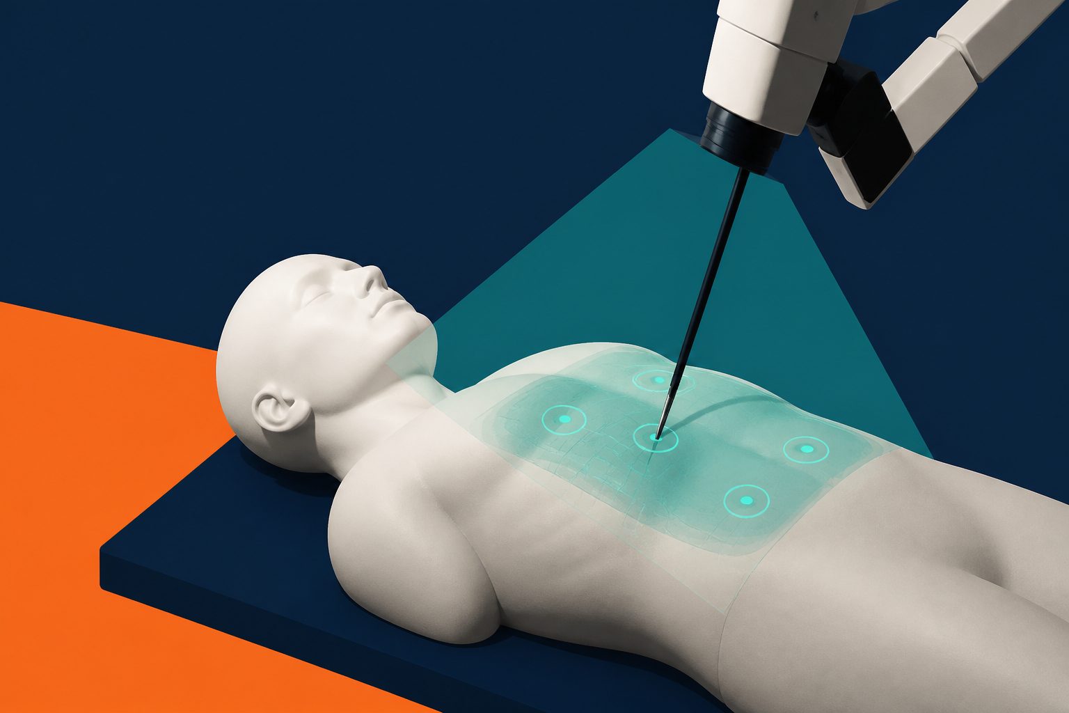 Abstract editorial illustration accompanying the article: Marker-free augmented reality maps robotic surgery entry points onto a human phantom