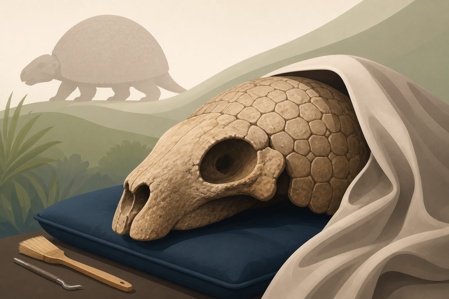 Abstract editorial illustration accompanying the article: A Brazilian glyptodont skull is proposed as a new species