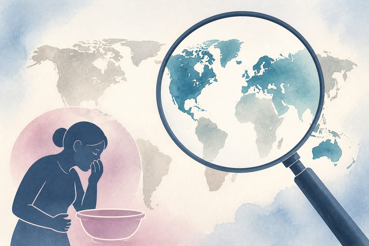 Abstract editorial illustration accompanying the article: Review finds chemotherapy nausea research is concentrated in wealthier countries