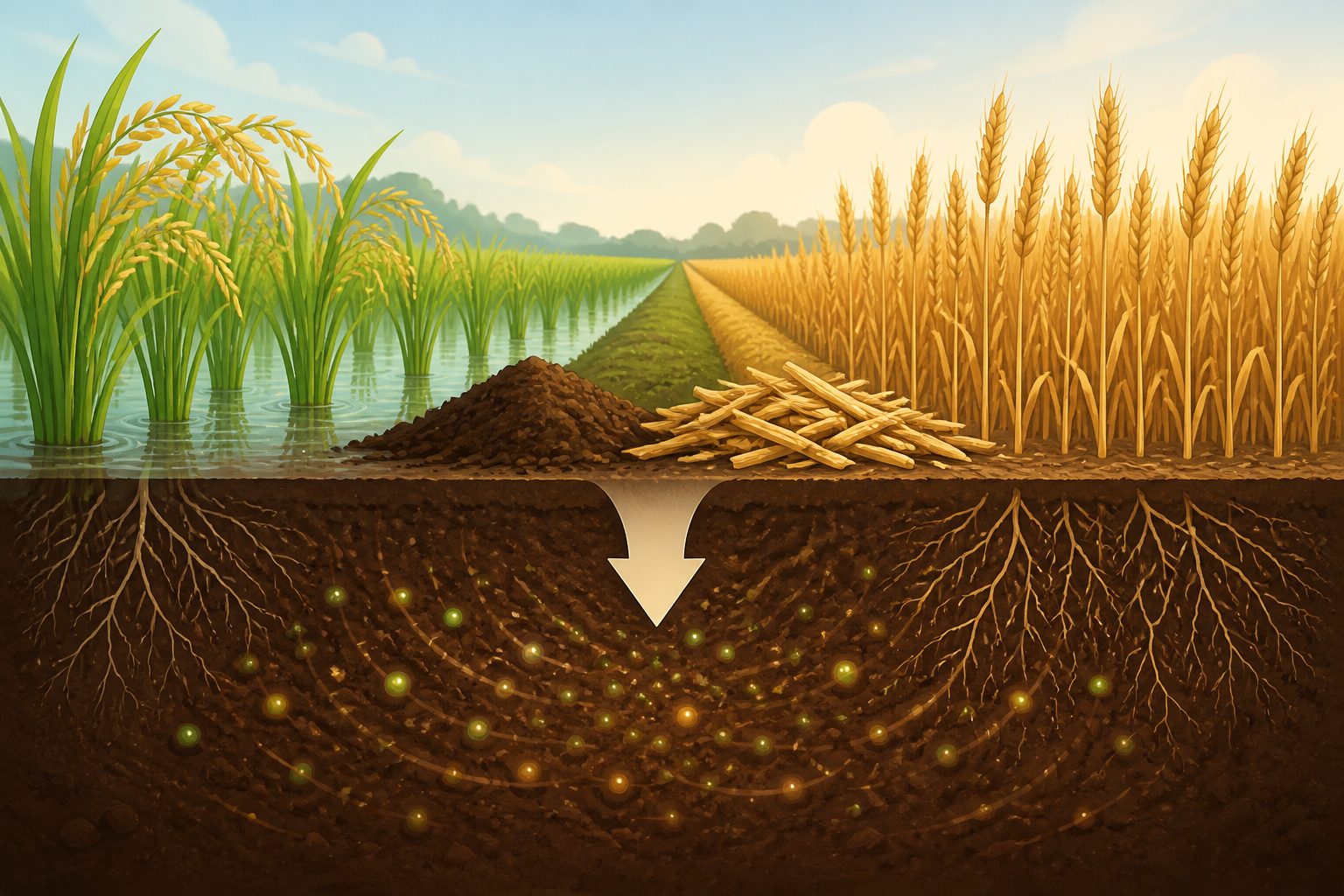 Abstract editorial illustration accompanying the article: Manure and crop residues raised yields in long-term rice–wheat trials