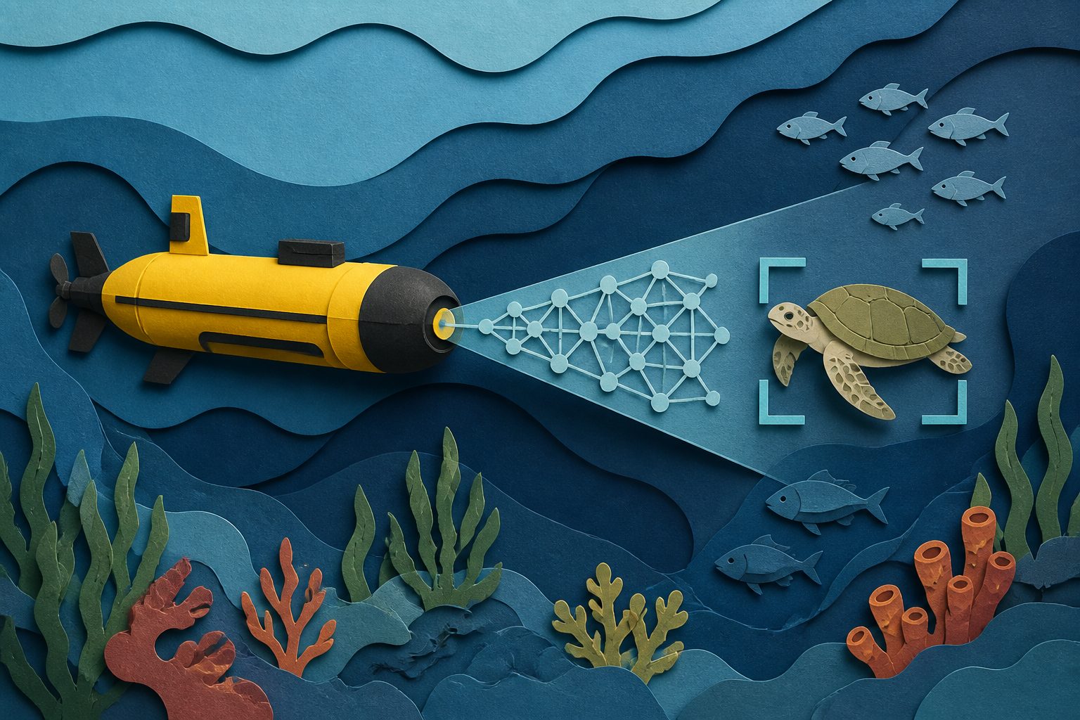 Abstract editorial illustration accompanying the article: Underwater AI detects marine life faster on power-limited vehicles