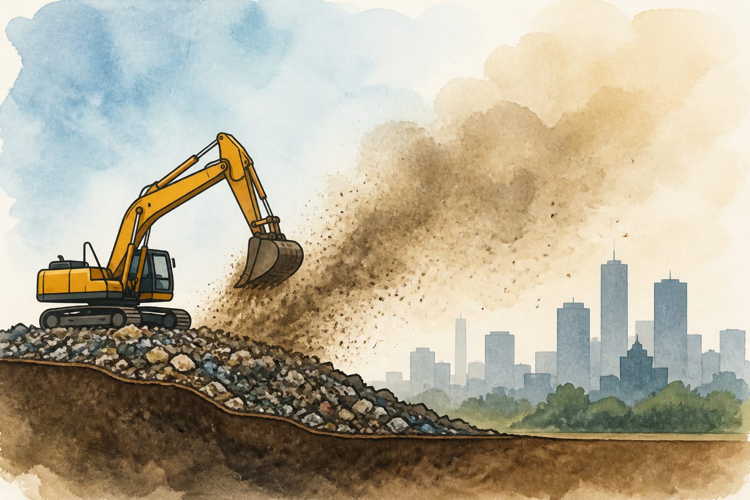 Abstract editorial illustration accompanying the article: Landfill-mining dust could breach air-quality limits, modelling suggests