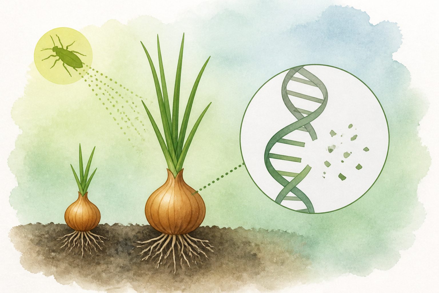 Abstract editorial illustration accompanying the article: Clothianidin stunted onions and caused DNA damage in a toxicity study