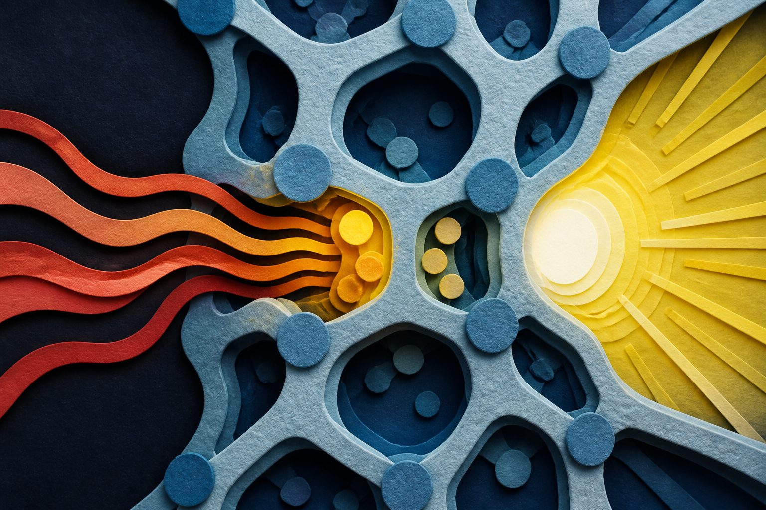 Abstract editorial illustration accompanying the article: Tiny pores help organic frameworks turn otherwise lost energy into light
