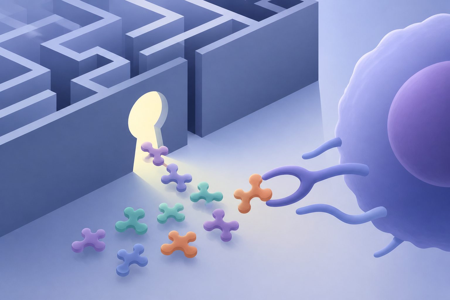 Abstract editorial illustration accompanying the article: Predicting which peptides T cells recognize remains difficult for AI
