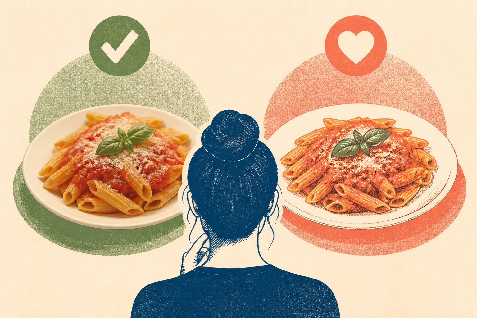 Abstract editorial illustration accompanying the article: AI food images matched real food on health and calories — but not appeal