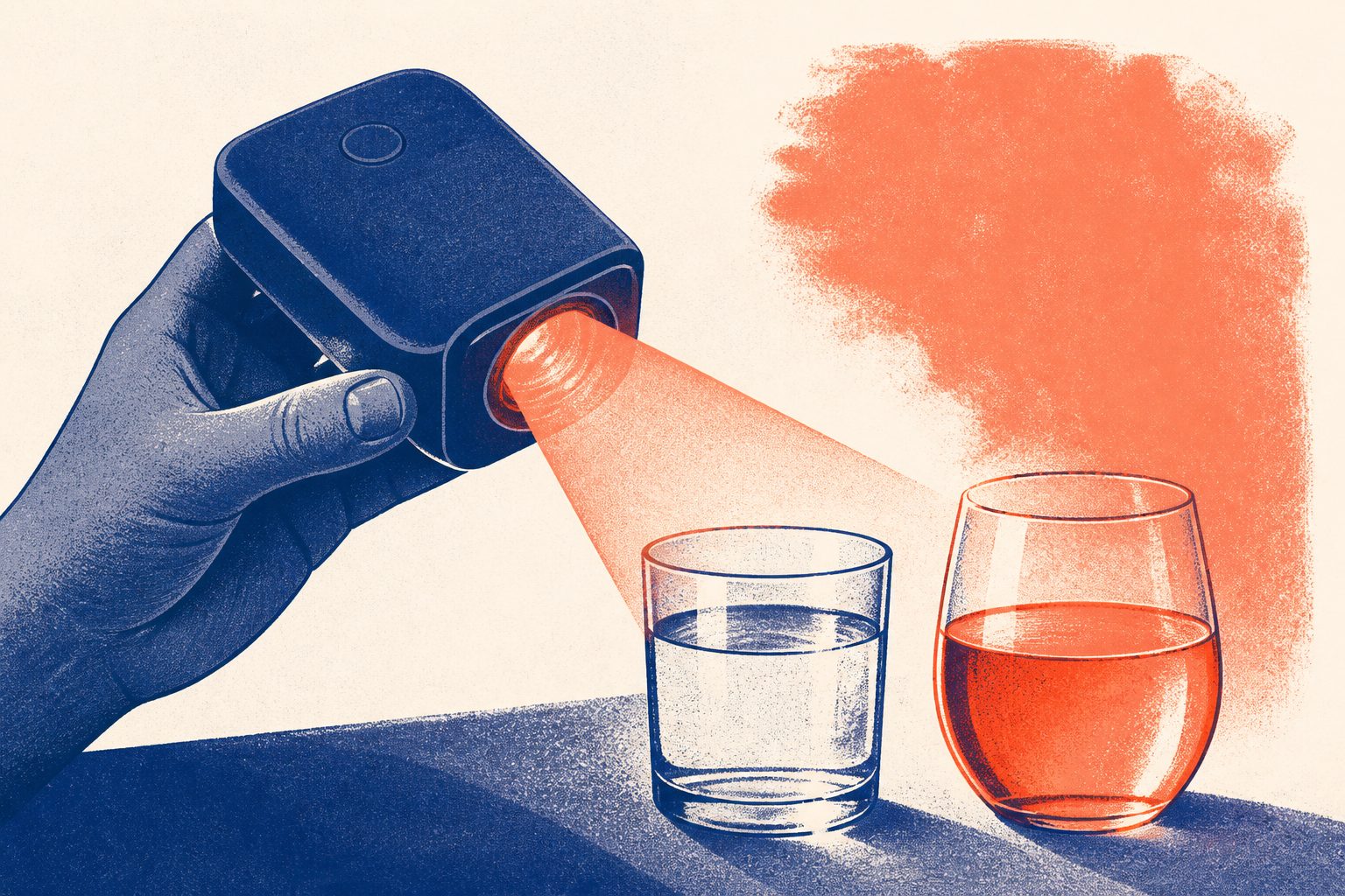 Abstract editorial illustration accompanying the article: A portable light-based device screens alcohol and water in commercial samples