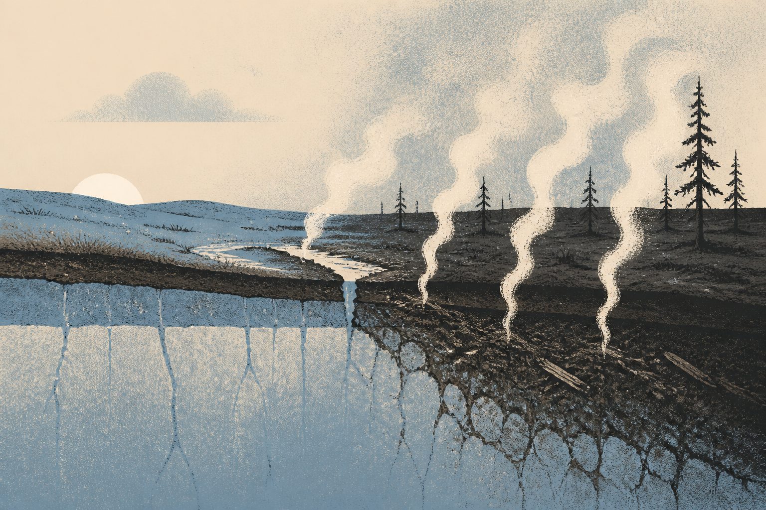 Abstract editorial illustration accompanying the article: Permafrost can keep releasing carbon for decades after warming eases