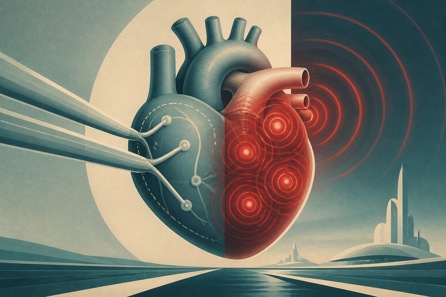 Abstract editorial illustration accompanying the article: New analysis links combined heart procedures to more rhythm recurrences