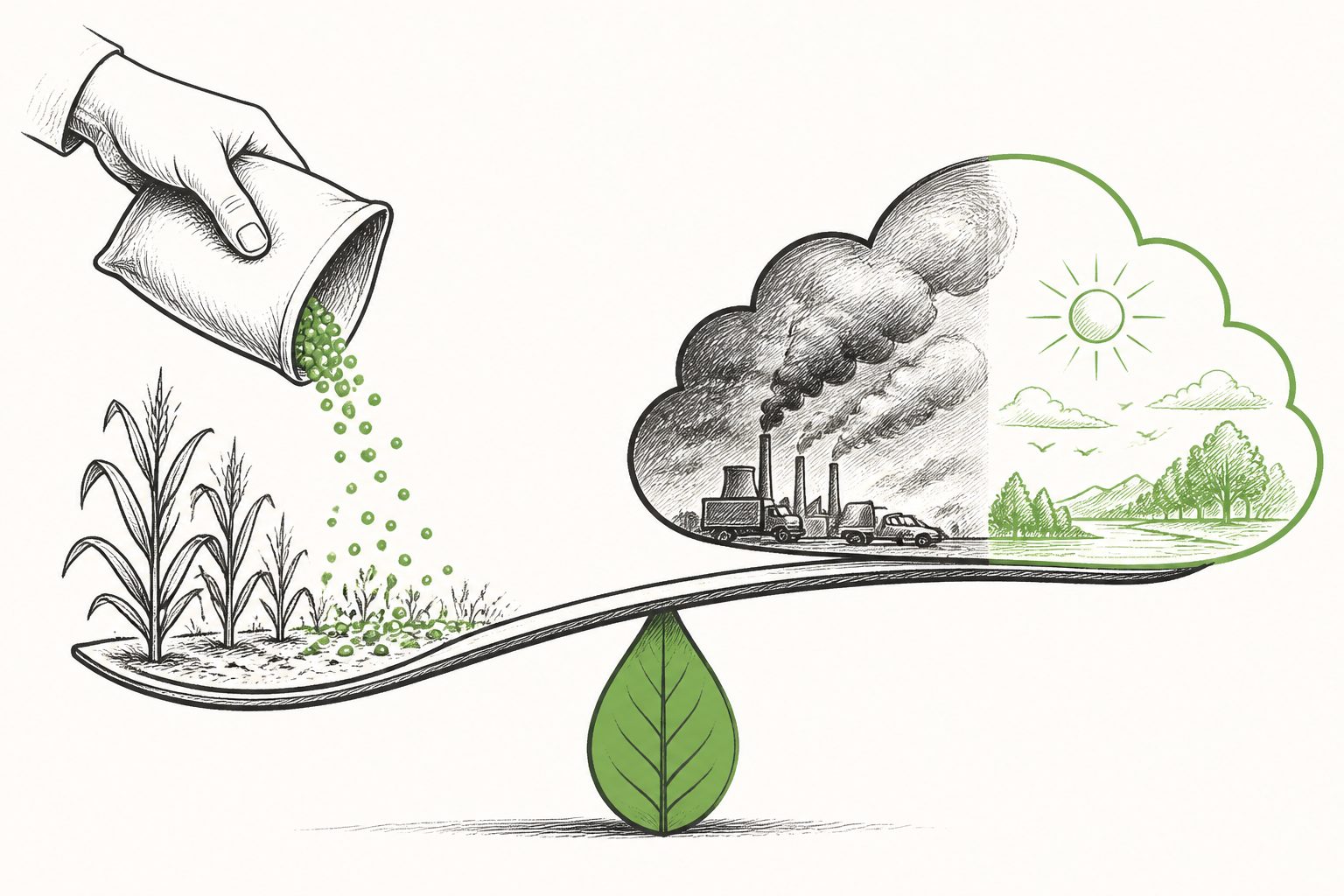 Abstract editorial illustration accompanying the article: Smarter nitrogen use could cut air pollution and bring climate benefits