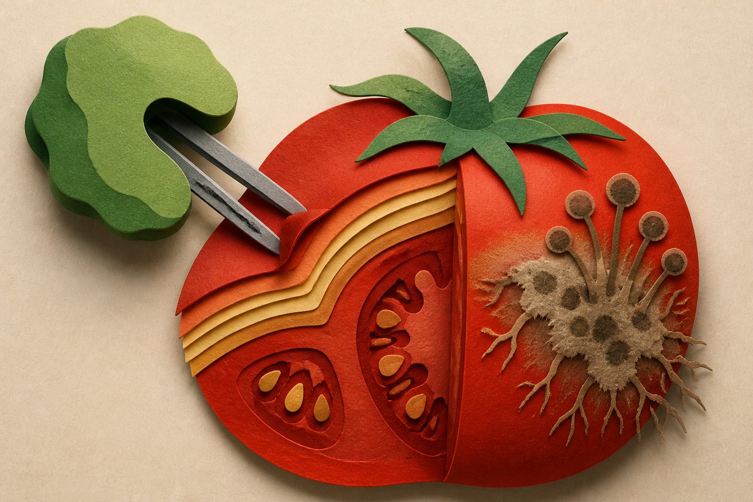 Abstract editorial illustration accompanying the article: A cuticle-building enzyme made tomato skins weaker and more prone to fungus