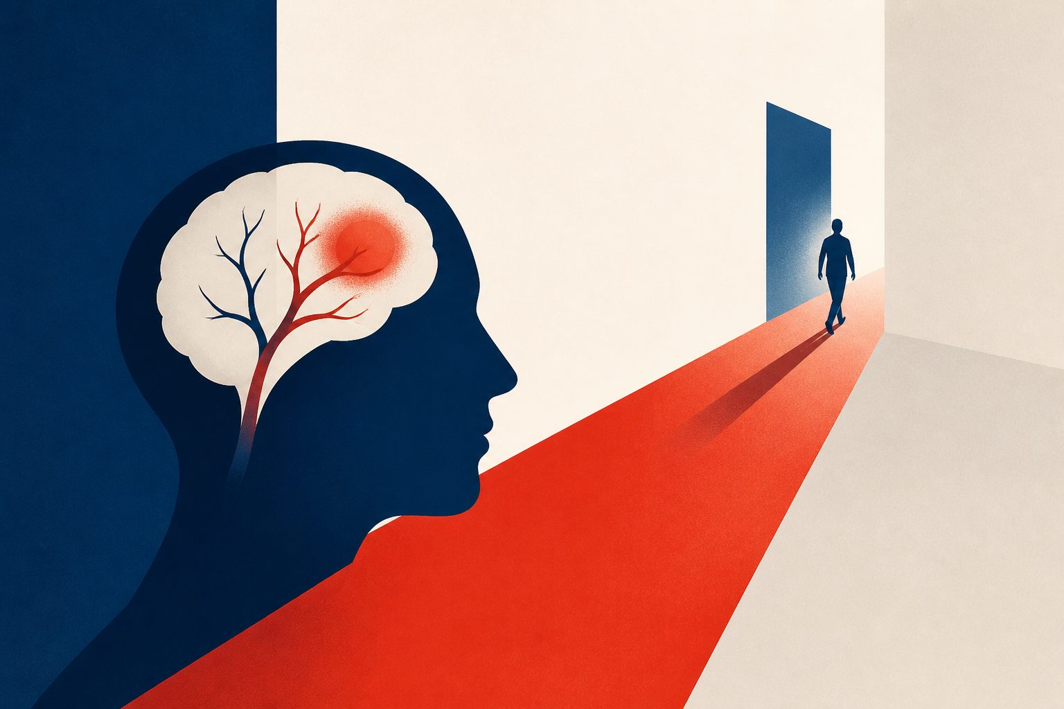 Abstract editorial illustration accompanying the article: Review links medication-raised blood pressure to better recovery in some stroke patients