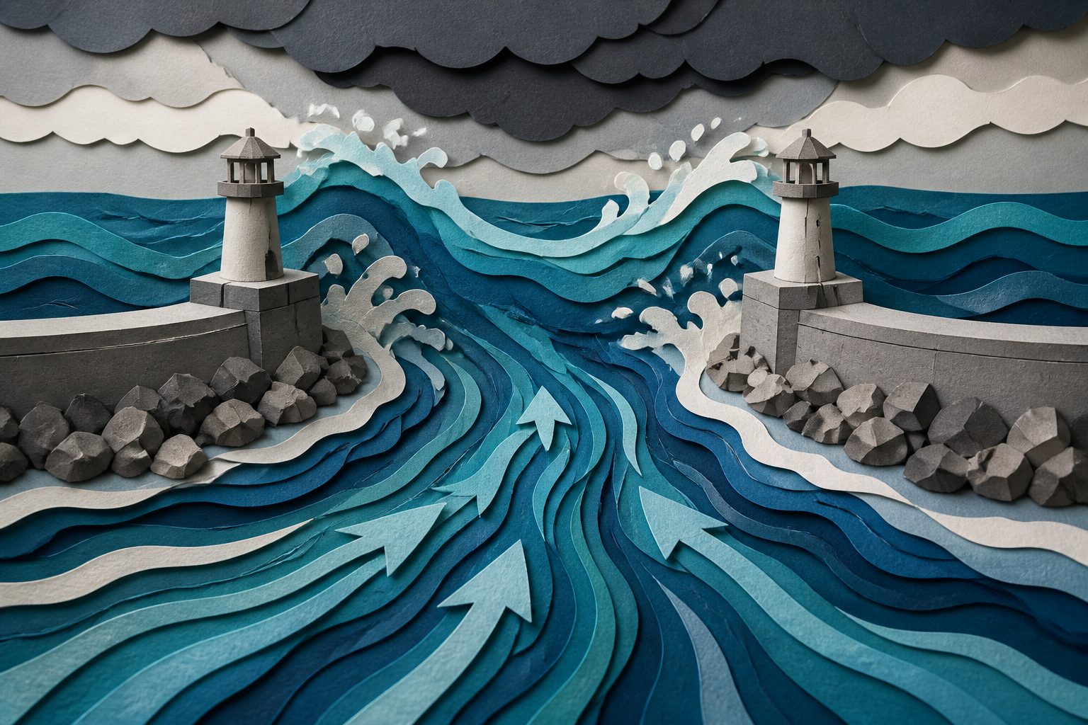 Abstract editorial illustration accompanying the article: Varna harbor channel saw currents and water levels surge within 10 minutes