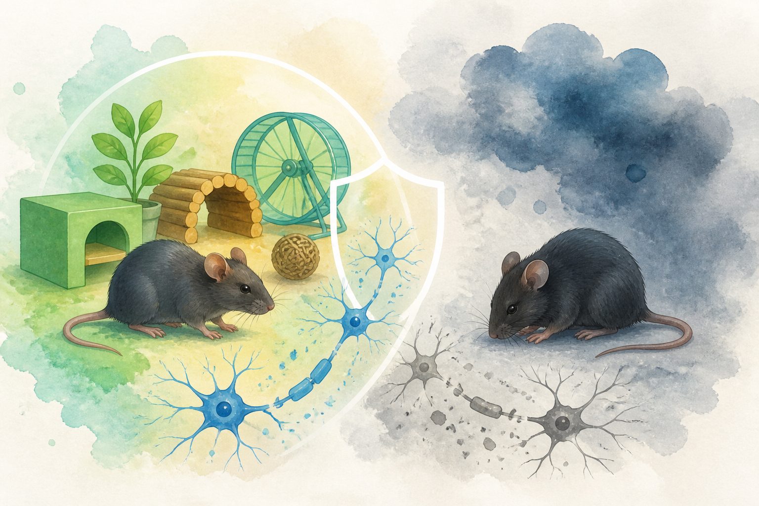 Abstract editorial illustration accompanying the article: Enriched adolescence protected stressed mice from schizophrenia-like changes