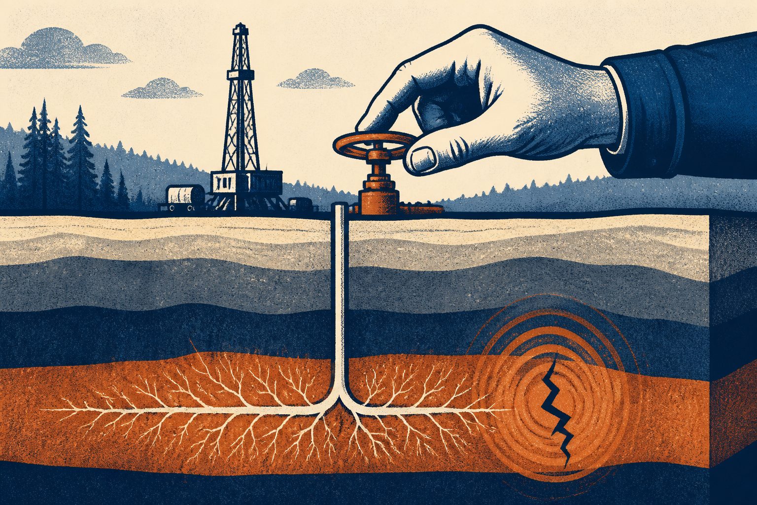 Abstract editorial illustration accompanying the article: A review outlines ways to limit fracking earthquakes in the Duvernay shale