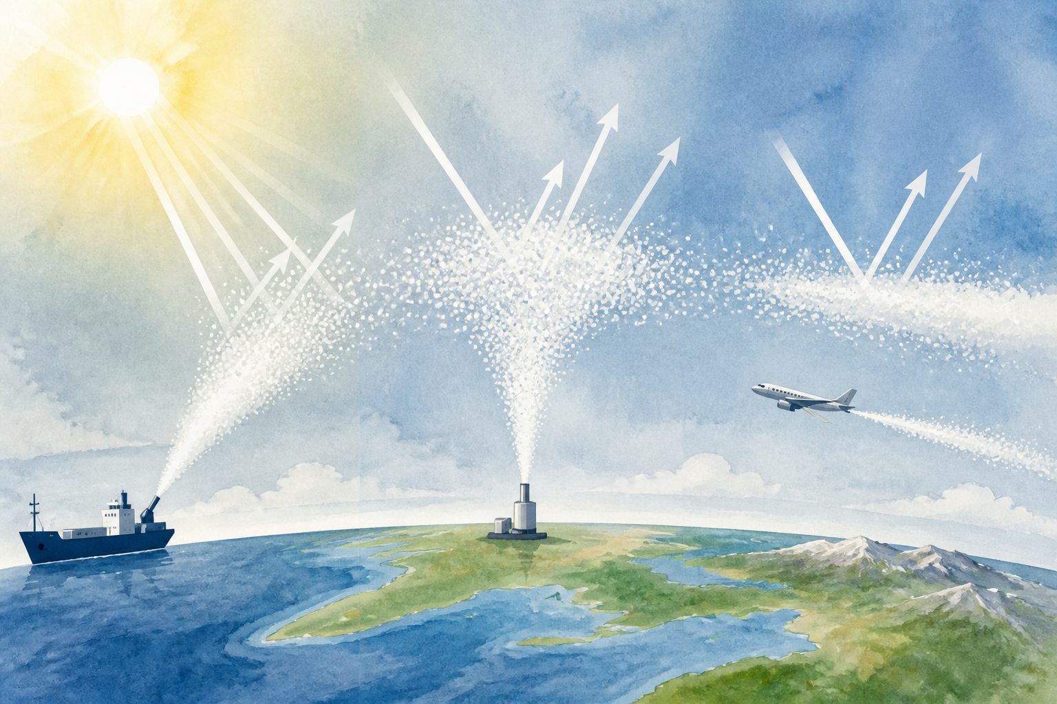 Abstract editorial illustration accompanying the article: How sunlight-reflecting particles are released may change Earth's climate