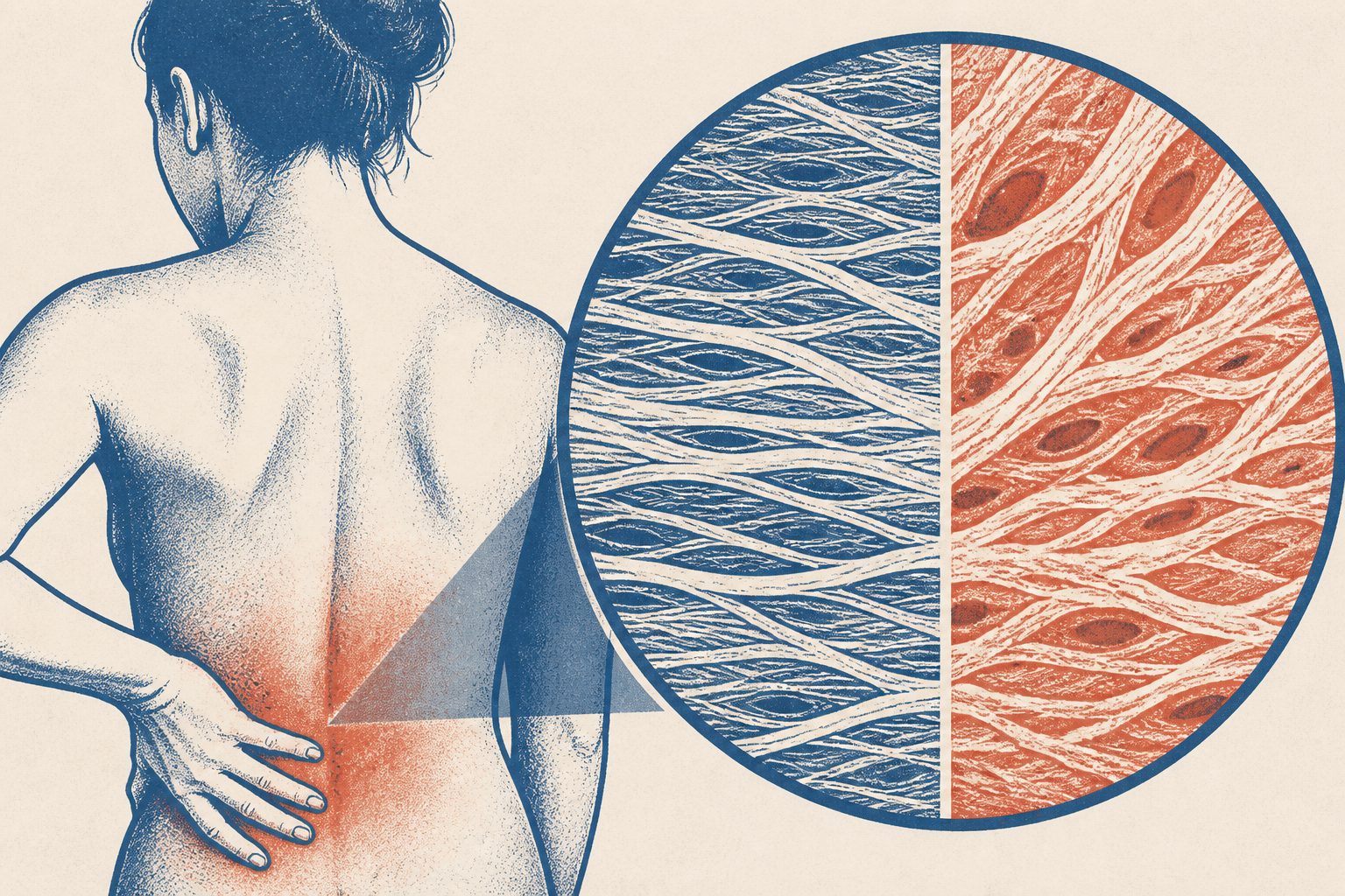 Abstract editorial illustration accompanying the article: Review finds differences in back fascia among people with low back pain