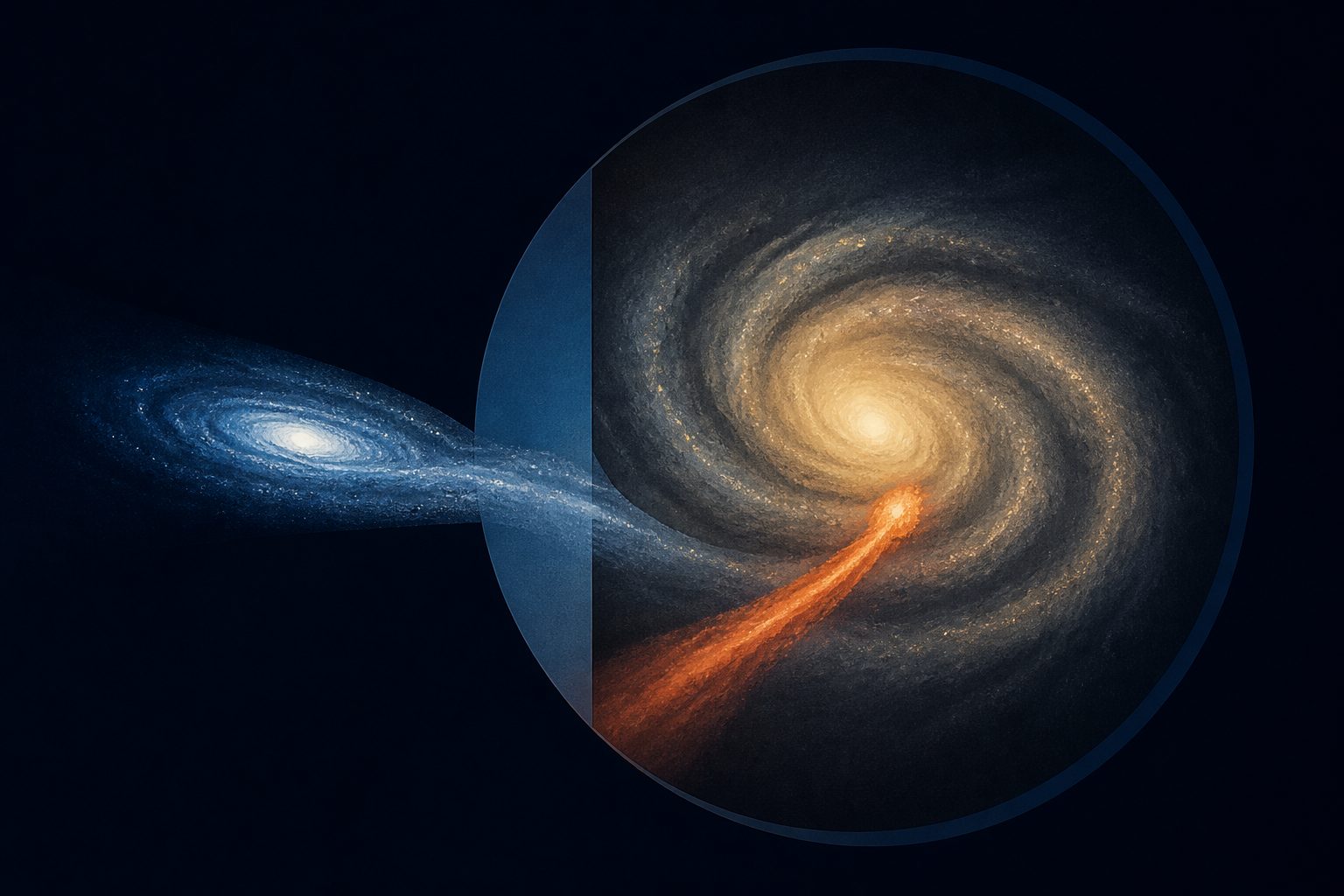 Abstract editorial illustration accompanying the article: An ancient galaxy merger left a third mark in the Milky Way’s inner region