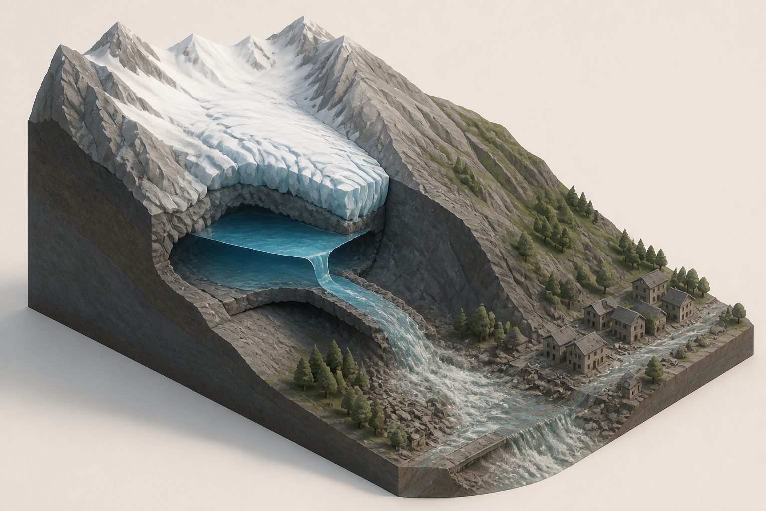 Abstract editorial illustration accompanying the article: Water beneath a French glacier may have added to the 2024 La Bérarde flood