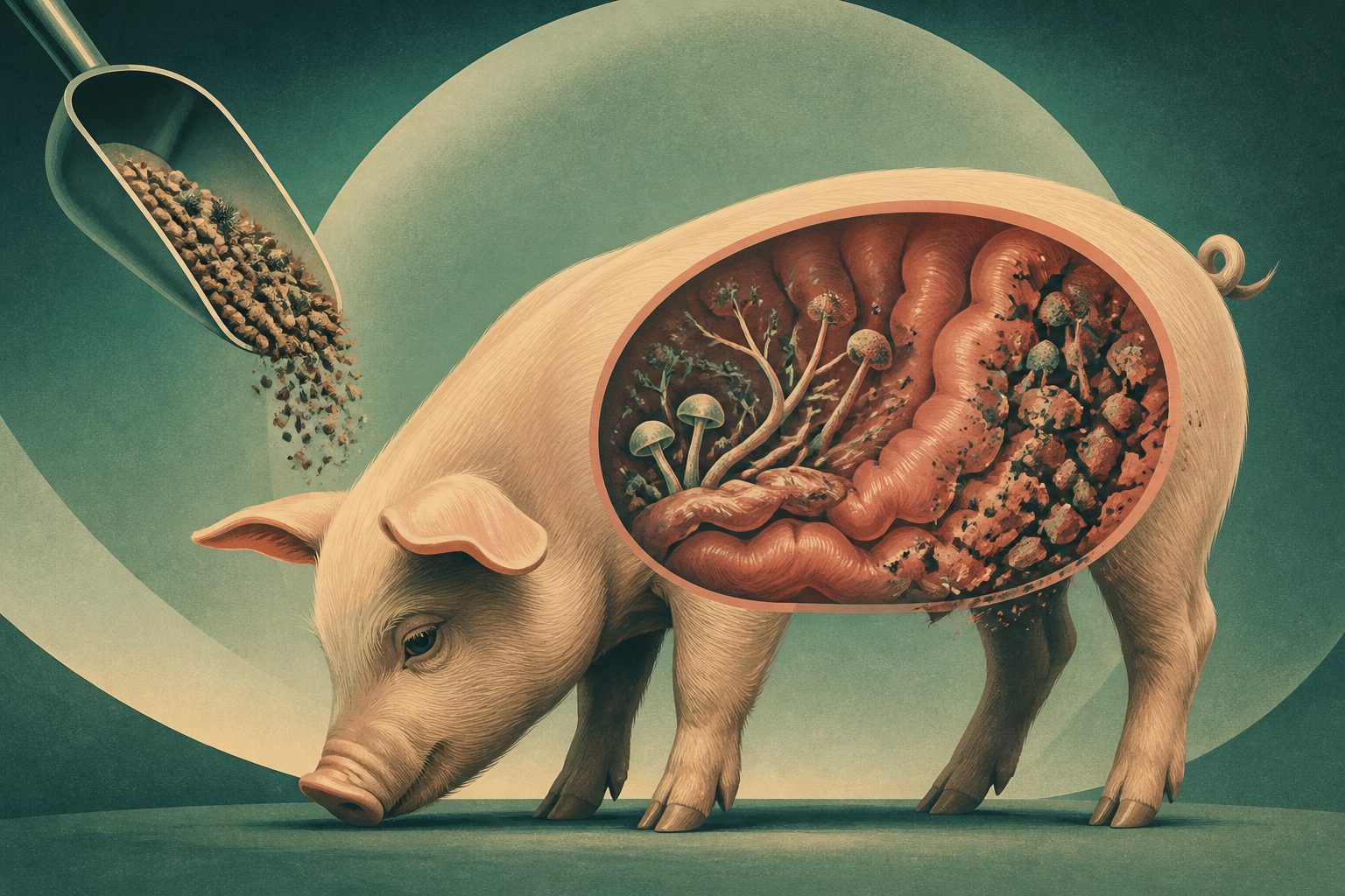 Abstract editorial illustration accompanying the article: A common pig-feed toxin disrupts gut fungi and fermentation in piglets