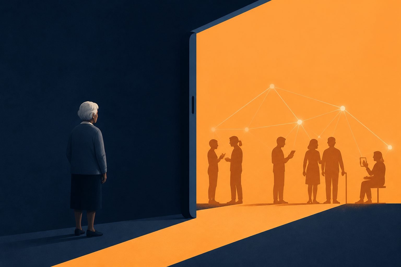 Abstract editorial illustration accompanying the article: When older adults are left offline, health and quality of life suffer