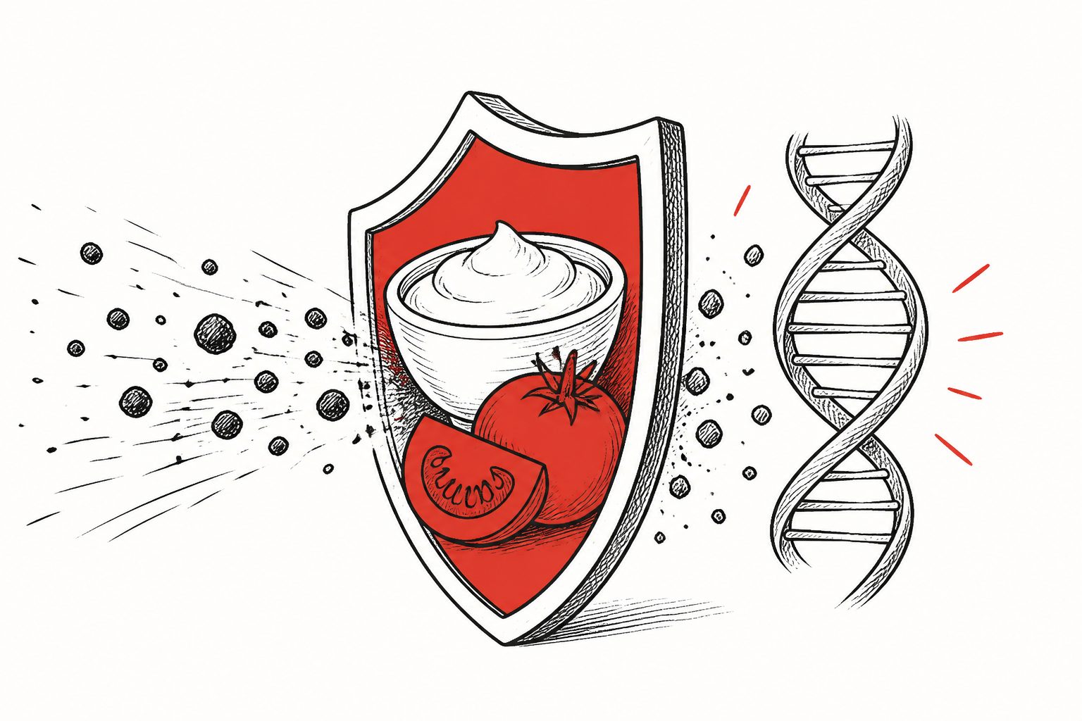 Abstract editorial illustration accompanying the article: Yoghurt and tomatoes reduced particle-linked DNA damage in lab tests