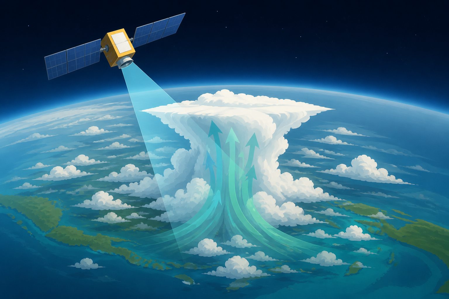 Abstract editorial illustration accompanying the article: A satellite now tracks powerful cloud updrafts across the tropics