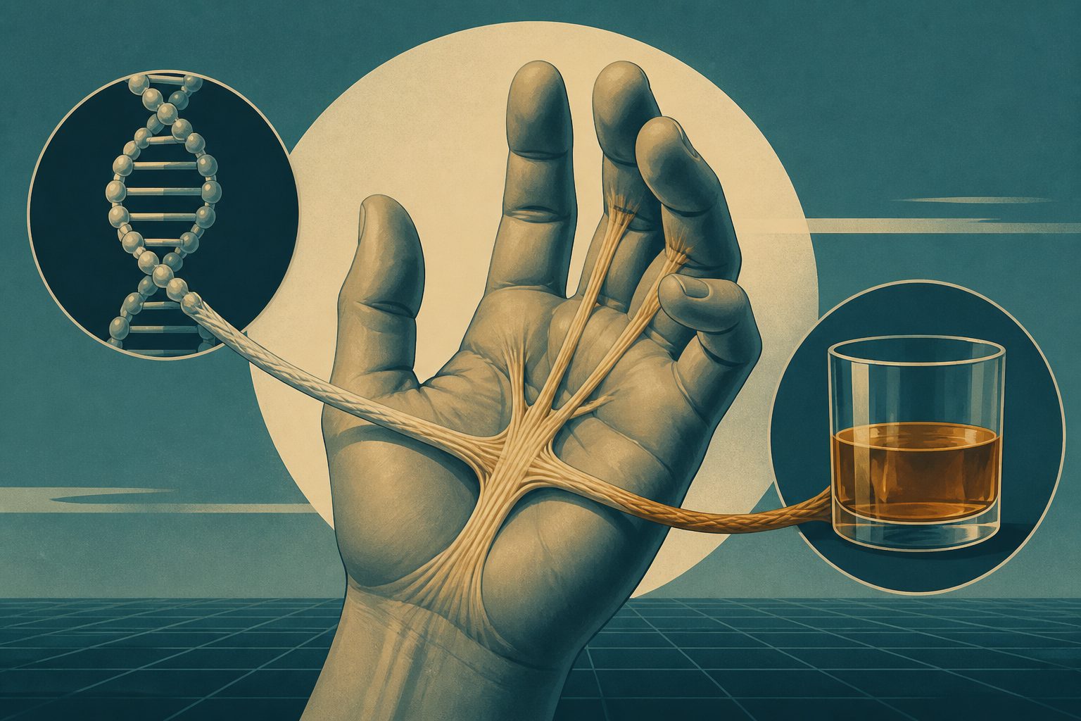 Abstract editorial illustration accompanying the article: Study links genetic diabetes risk and alcohol intake with Dupuytren’s disease