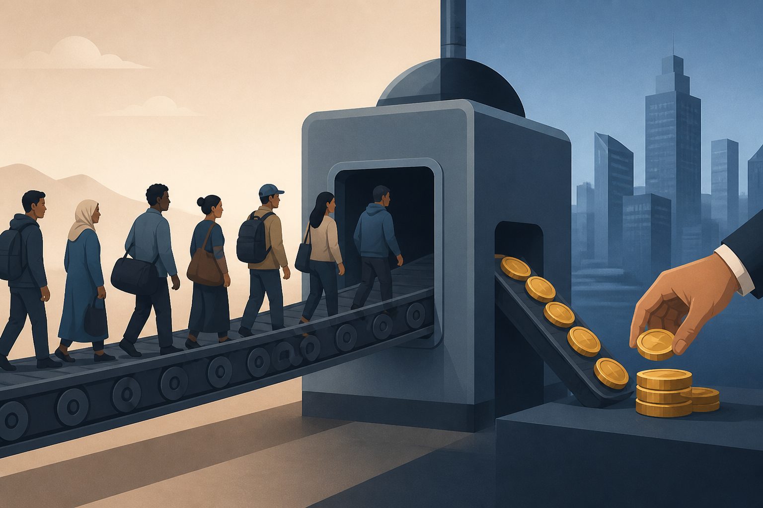 Abstract editorial illustration accompanying the article: How managing migrants has become tied to profit-making