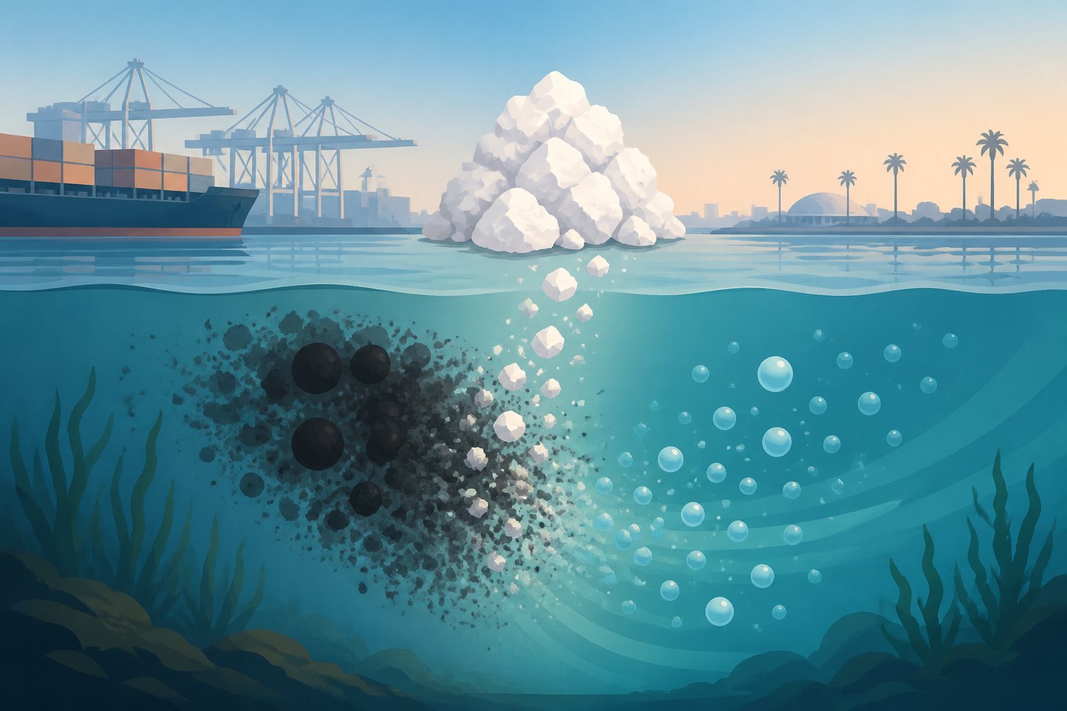 Abstract editorial illustration accompanying the article: Calcium oxide changed carbon particles and oxygen in Los Angeles Harbor water